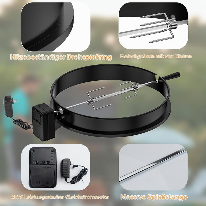 onlyfire Rotisserie Grillspiess Set mit DC Grillmotor und Adapter, Drehspiess für Weber 57cm Kettle