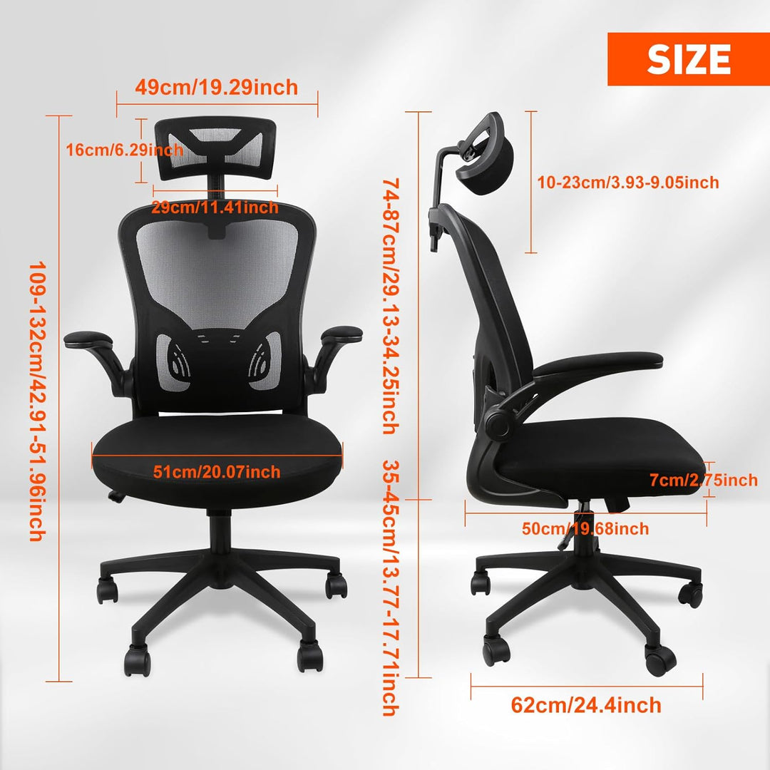 Bürostuhl Ergonomisch, HANGHAIGO Schreibtischstuhl, Bürostuhl mit Kopfstütze, Armlehnen, Lendenwirbe