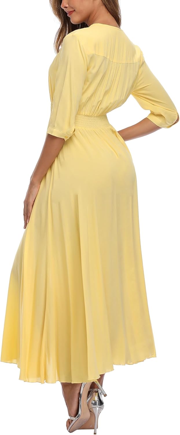 Damen Lange Split Knopf Up Sommer Maxikleid Floral Strandwear Holidy Kleid Hohe Taille mit kurzen Är