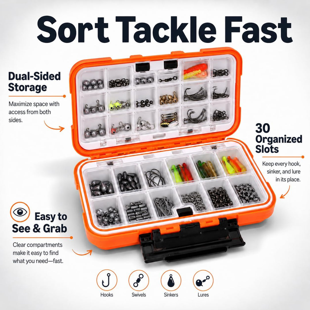 Kleinteile Organizer Wasserdicht, Sortierbox 30 Fächer, Angelbox für Haken Köder Wirbel, Schraubenbo