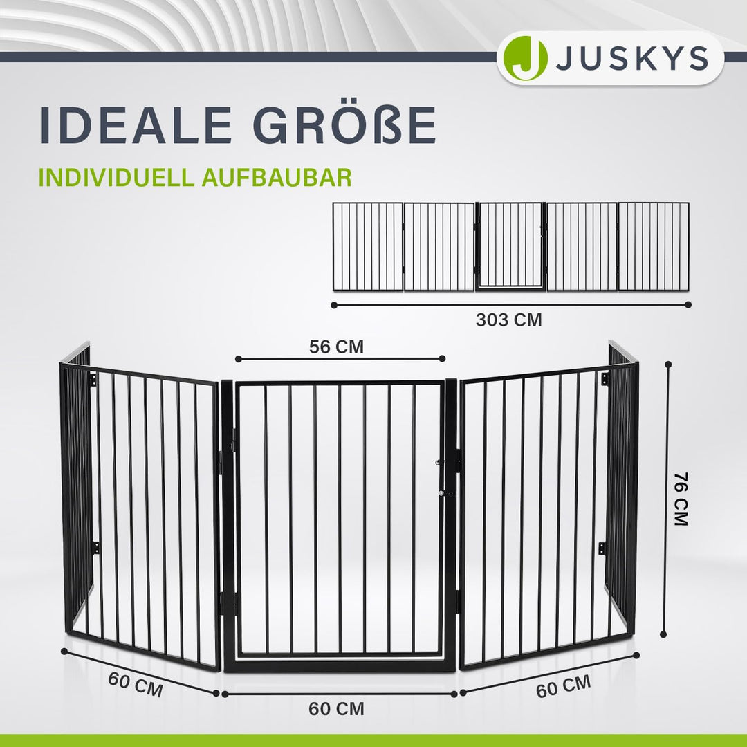 Juskys Metall Kaminschutzgitter 300 x 76 cm klappbar — Schutzgitter für Tiere — 5 Elemente inkl. Tür