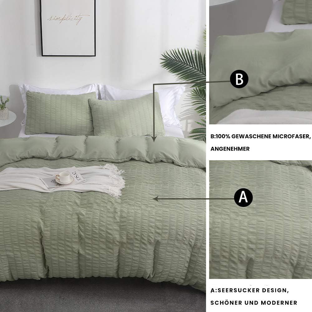 Boqingzhu Seersucker Bettwäsche Grün 220x240cm Sommer Atmungsaktiv Kühlende Wende Bettwäsche Set Bet