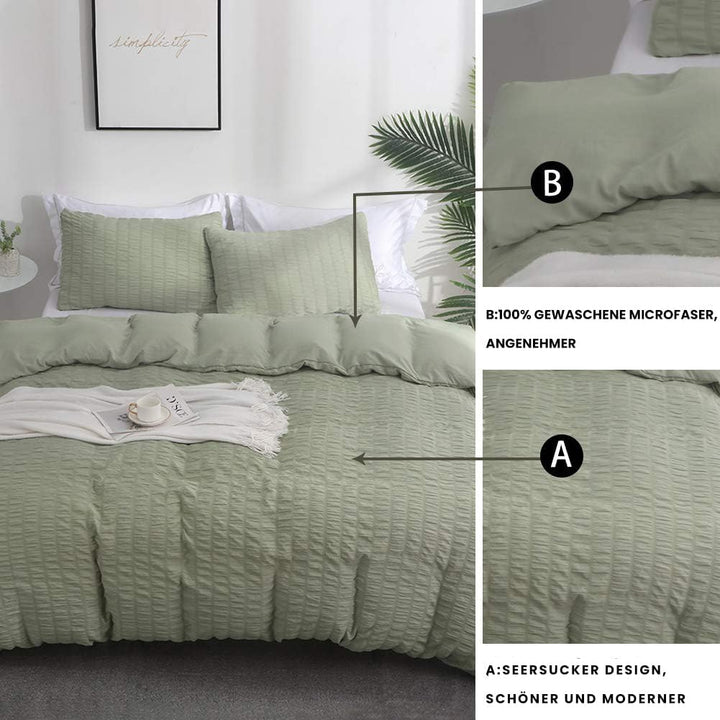 Boqingzhu Seersucker Bettwäsche Grün 200x200cm Sommer Atmungsaktiv Kühlende Wende Bettwäsche Set Bet