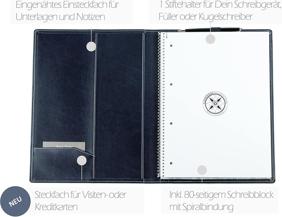 DELMON VARONE - Schreibmappe inkl. Notizblock DIN A4 (80 Blatt) aus veganem Eco Kunstleder Blau - Or