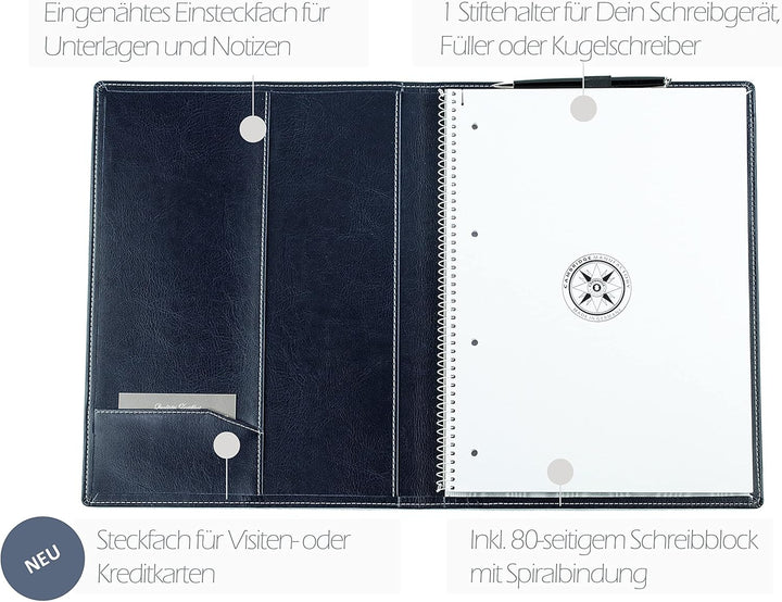 DELMON VARONE - Schreibmappe inkl. Notizblock DIN A4 (80 Blatt) aus veganem Eco Kunstleder Blau - Or