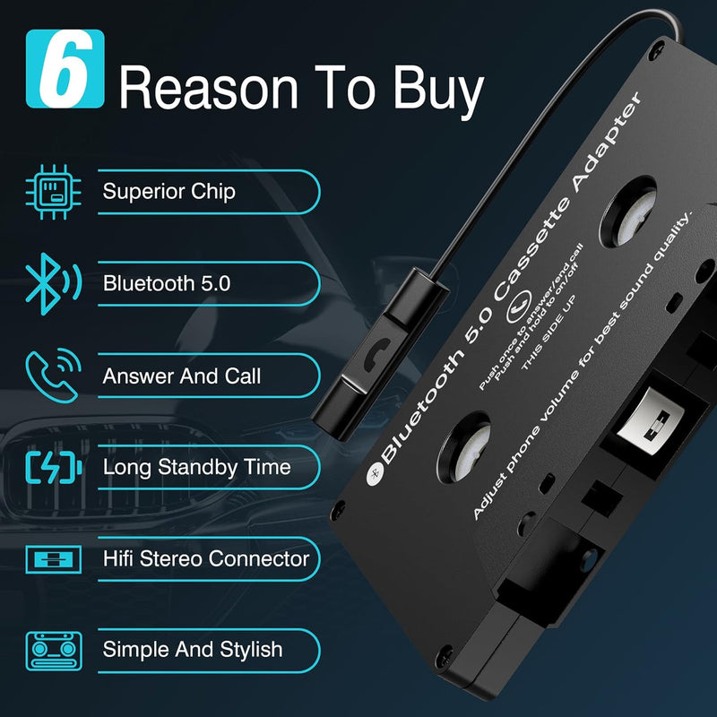 Kassetten Aux Adapter Auto Bluetooth 5.0 Audio Kassetten zu AUX Kassette mit Mikrofon/Fernbedienungs