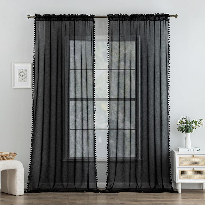MIULEE Gardinen mit Pompons-Hübsche Schwarz Transparent Gardinen für Kinderzimmer Mädchen, 2 Stücke