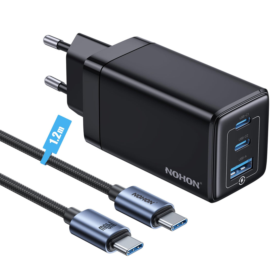 NOHON USB-C Ladegerät Fast Charger: 65W GaN Handy 3-Port Schnellladegerät PD3.0 mit 140W Typ-C 1.2M