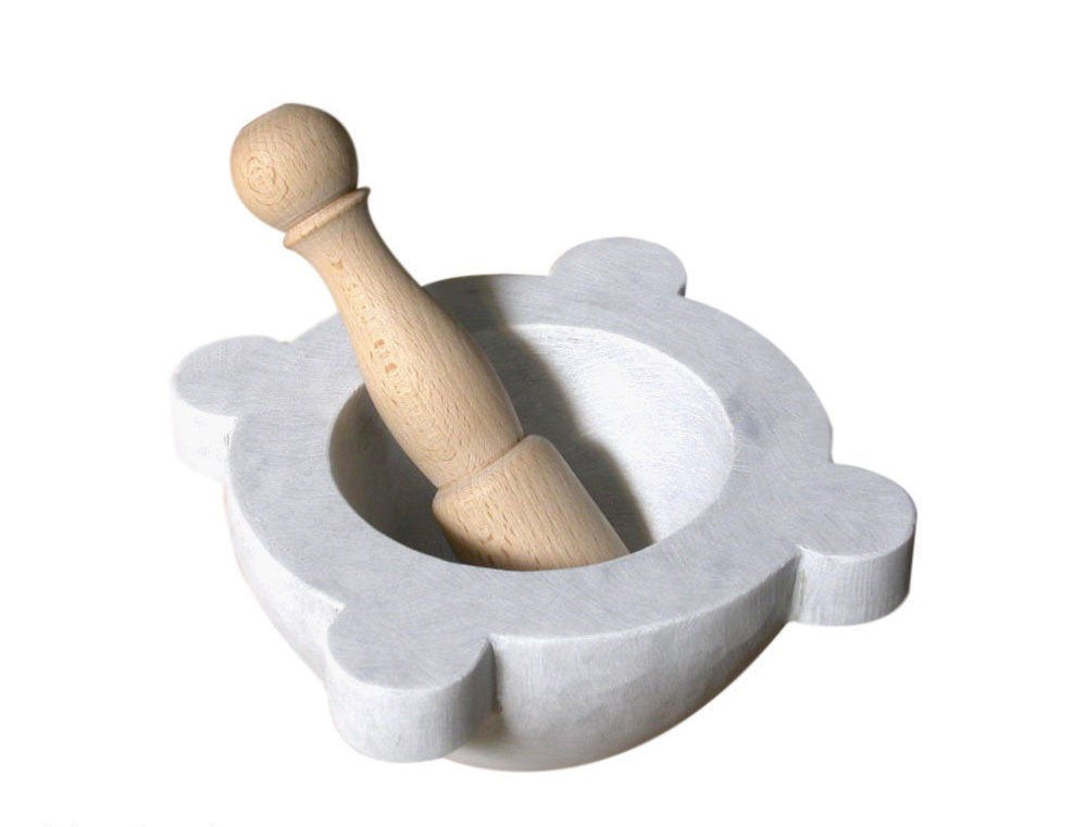Mörser aus weissem Marmor mit Stössel aus Holz Weiss Marble Mortar 20 cm