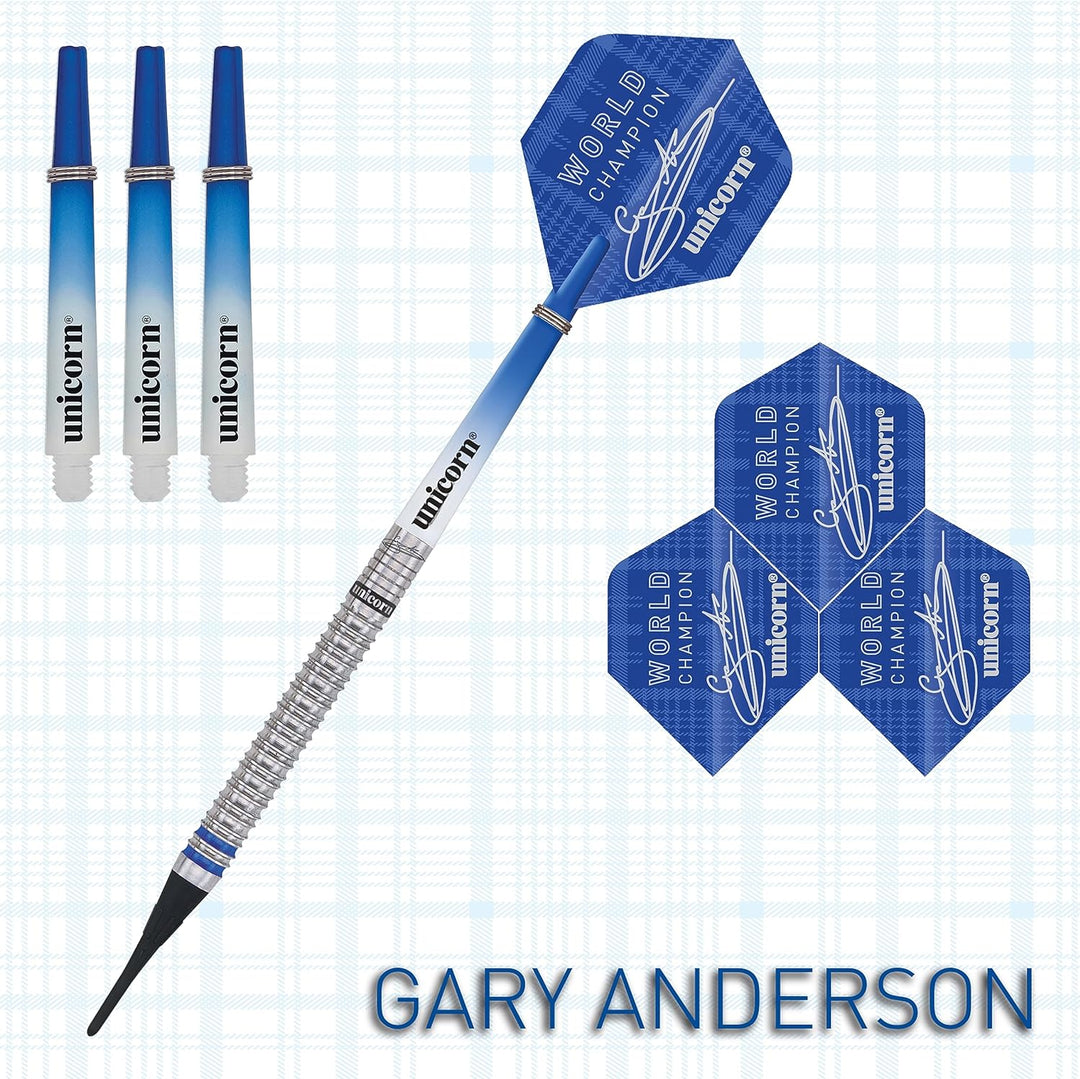 Dartpfeile von Unicorn, 2019 Auflage, Gary Anderson World Champion, 80 Prozent Soft-Tip-Pfeile, Blau