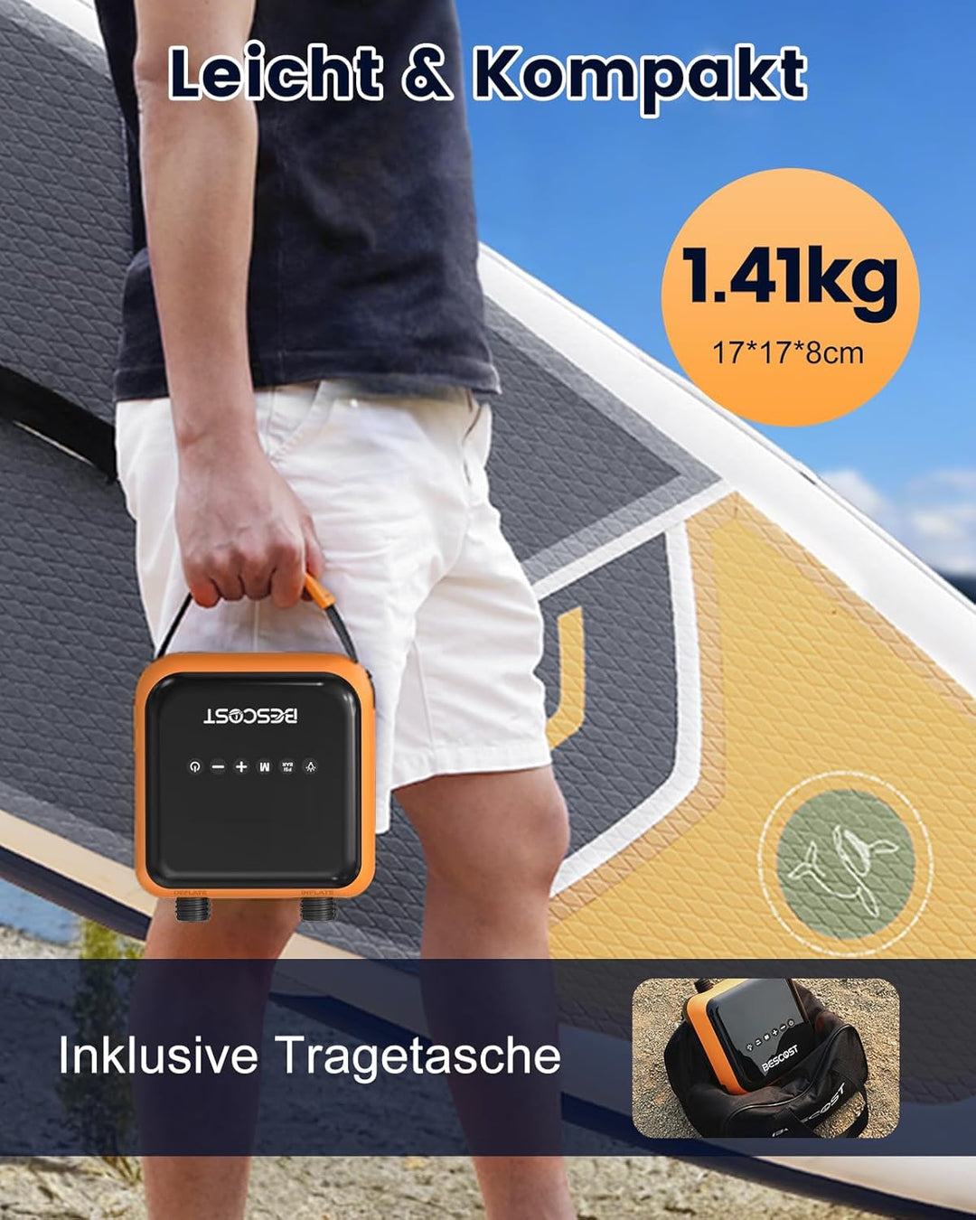 Elektrische SUP Pumpe Akku 20 PSI, 3 Boards pro Ladung, Auto-Stop Doppelstufen Luftpumpe, für Kajak
