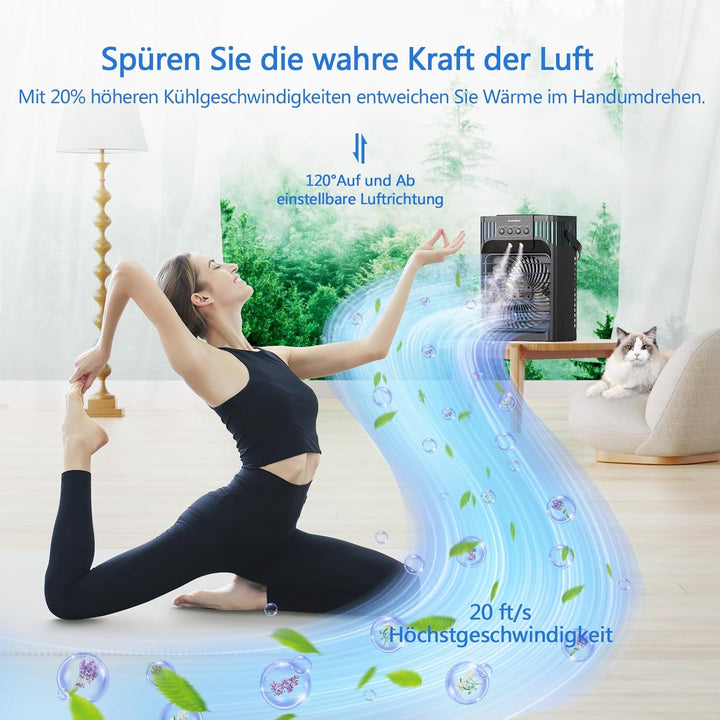 Mobile Klimaanlage mit Fernbedienung,1200 ML Mini Luftkühler mit 3 Luftgeschwindigkeiten & 3 Kühlneb