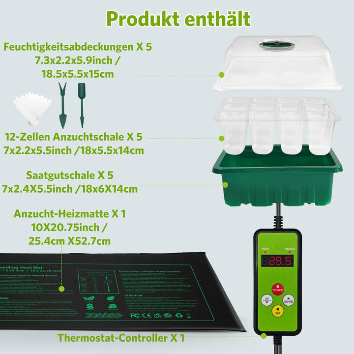 NAMOTEK Pflanzen-Wärmematte mit digitalem Thermostat & 5 Anzuchtplatten Set – Temperaturregelung für