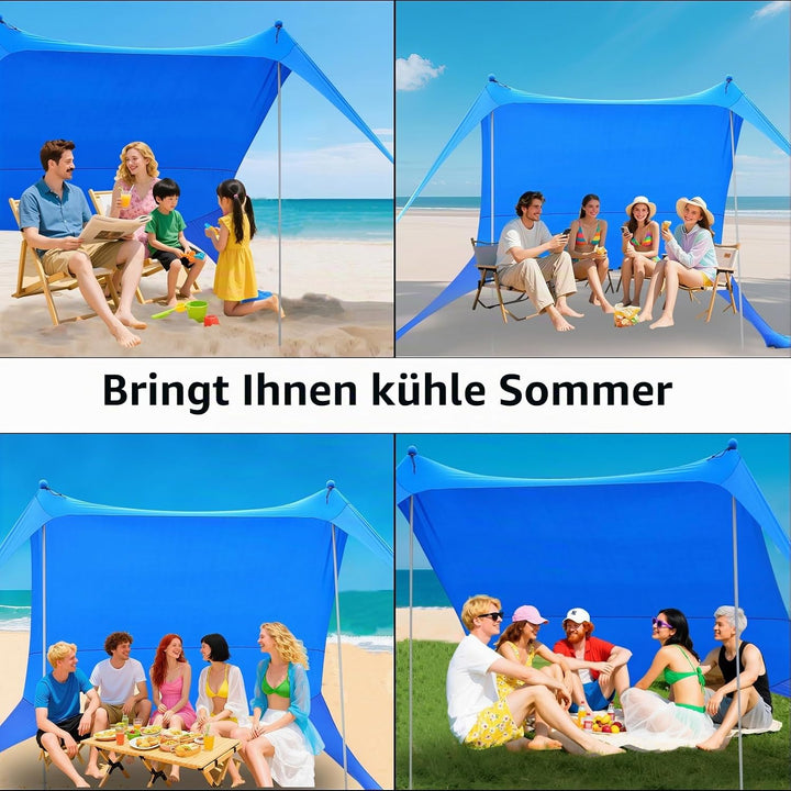 Strandzelt 2x2.1 m Pop-Up LSF 50 Sonnenschutz, Anti-Wind Strandmuschel mit Eisen Stabilitätsstangen