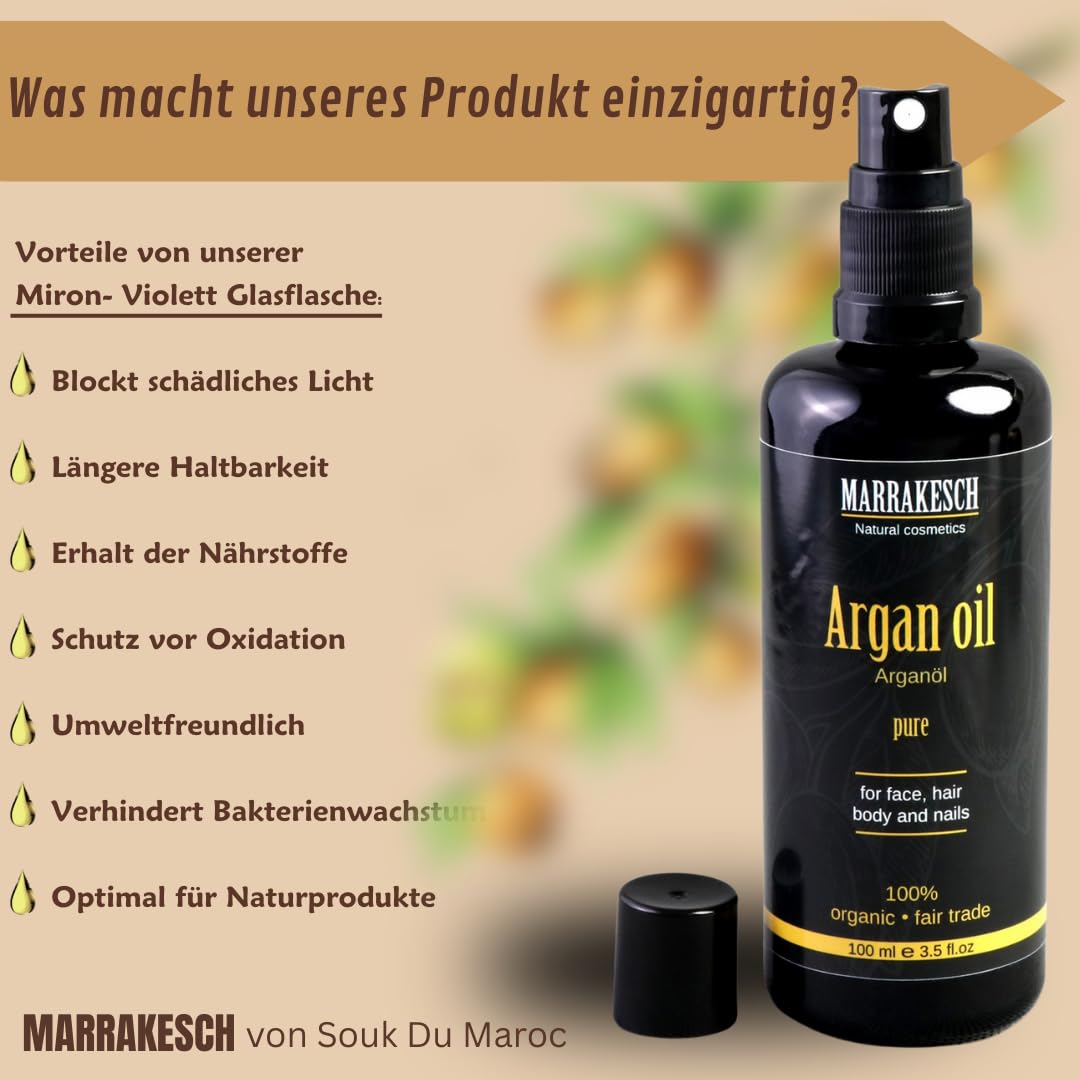 MARRAKESCH Bio Arganöl kaltgepresst 100ml mit Spritzaufsatz 100% reines BIO nativ, Vegan Gesichtsöl