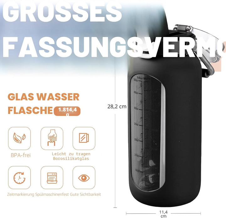 BLUEGO 2000ml Glaswasserflasche mit Edelstahlgriff und Zeitmarkierung 2L Trinkflasche Borosilikatgla