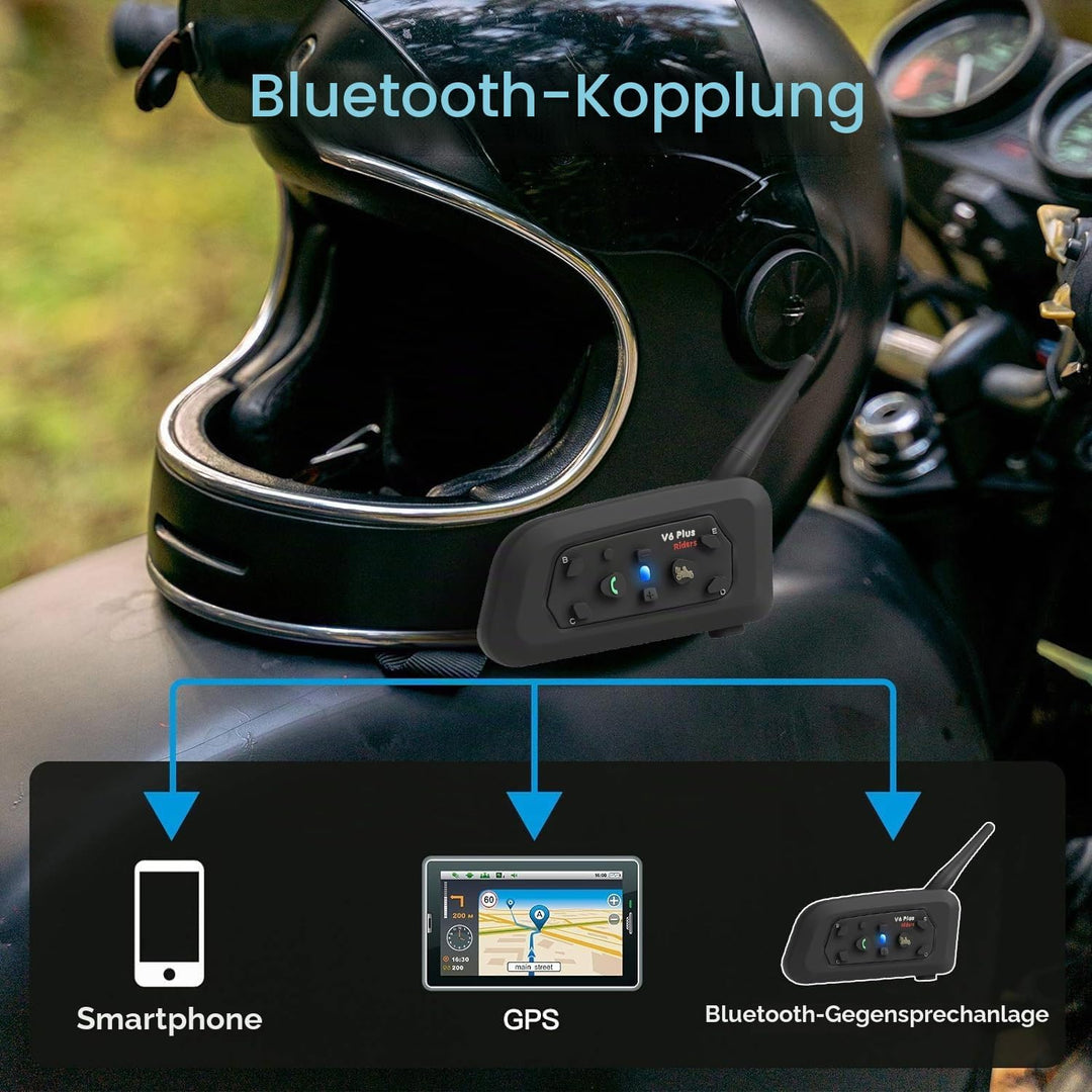 QSPORTPEAK V6 Plus Motorrad Intercom Bluetooth Headsets, 1200M bis zu 6 Reiters Motorradhelm Interph