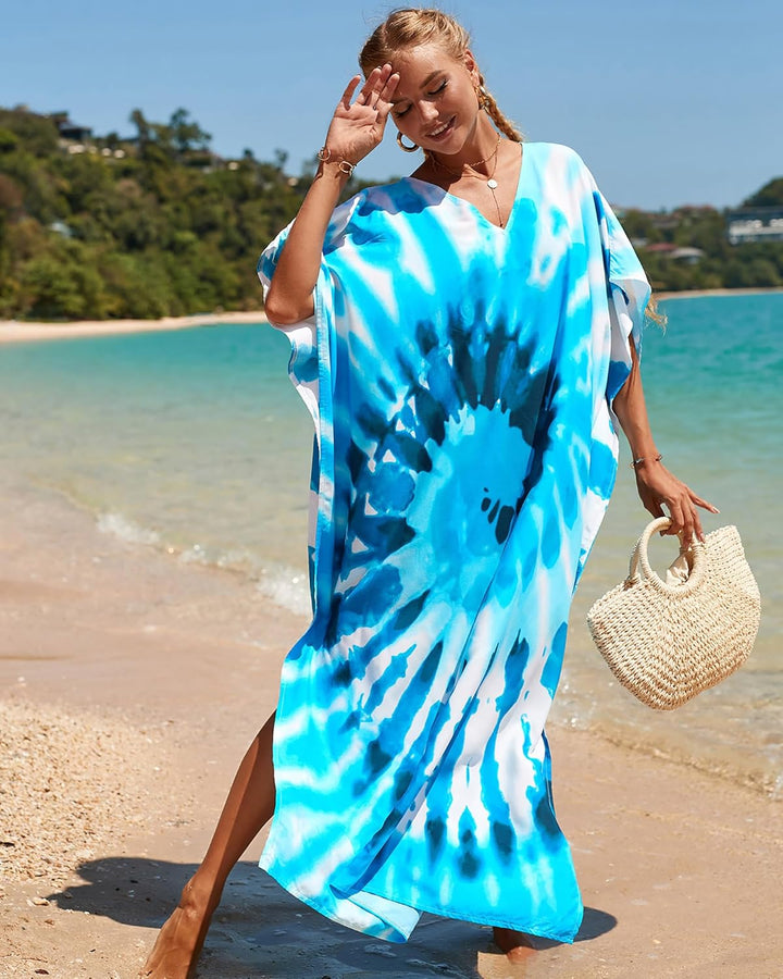 Bsubseach Lose Kaftan Kleider für Frauen Kurzarm Badeanzug Cover Up Casual Urlaub Outfits Blaue Wirb