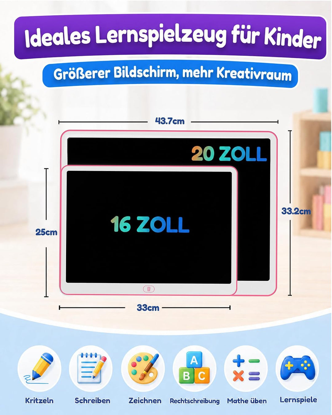 KOKODI Lcd Schreibtafel Kinder für Spielzeug ab 3 jahre, 16 Zoll Heller Bunten Maltafel Zaubertafel
