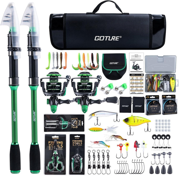 Goture Angelset mit 2 Teleskop-Angelruten,1,8m/2,1m/2,4m/2,7m I Angelrute Set Komplett 2 5.2:1 Spinn
