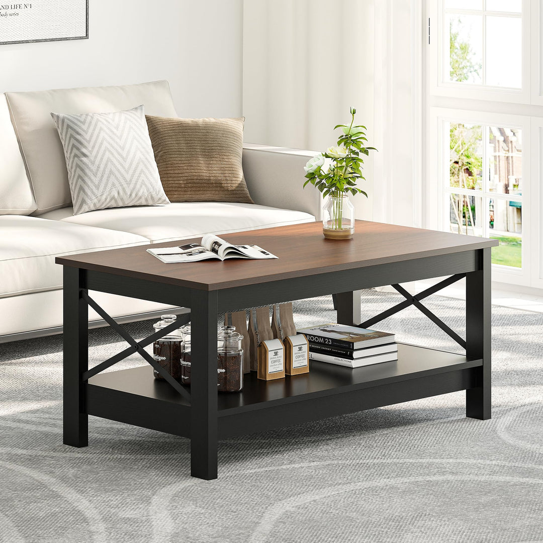 YITAHOME Couchtisch, Wohnzimmertisch, 2-stöckiger Dicker Holz Rechteckiger Couchtisch, X-Form Metal
