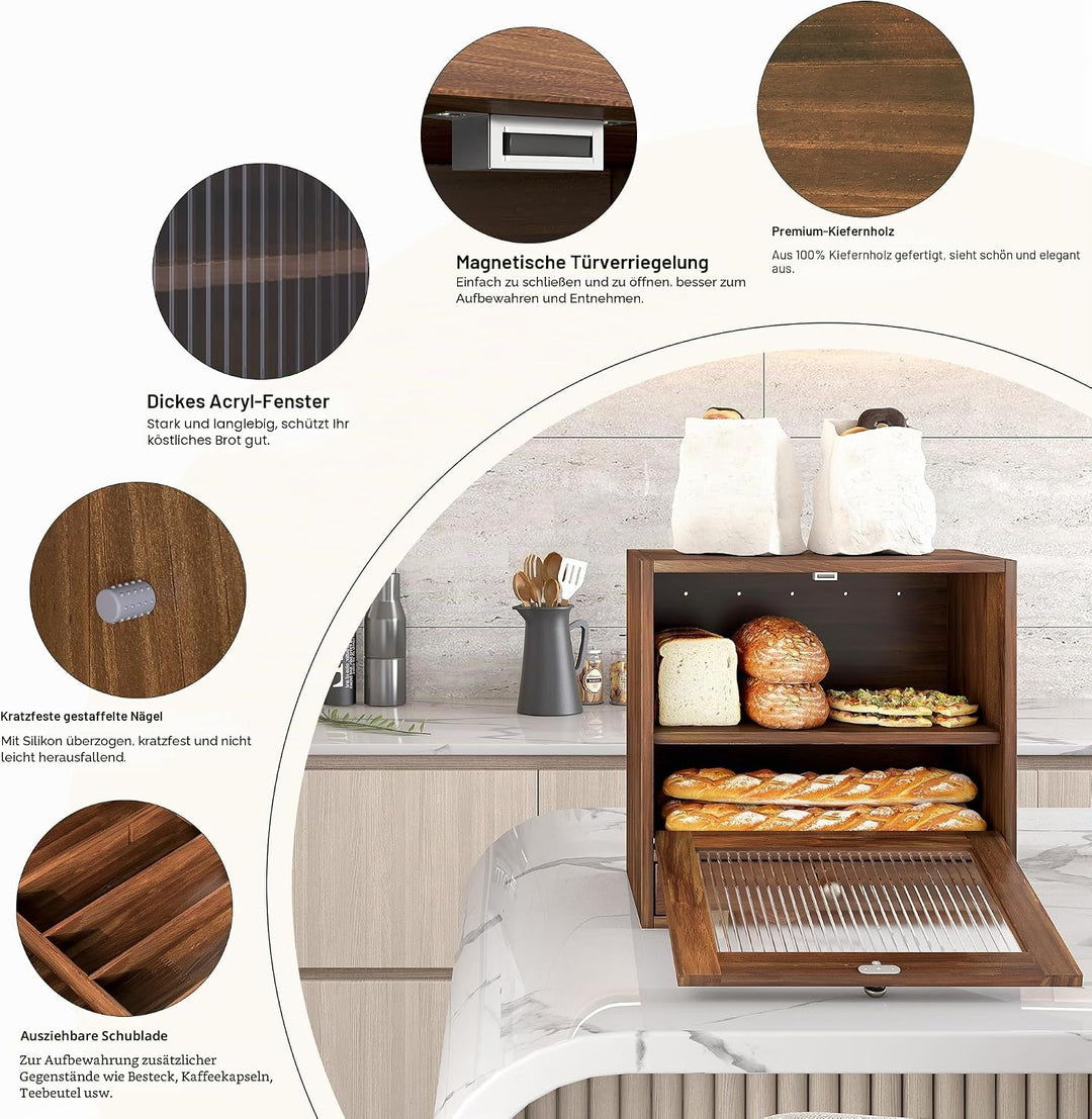 Alpeir Brotkasten Holz Gross 2 Etagen Brotbox mit Magnetisch Acryl Sichtfenster und Schublade, Ecke