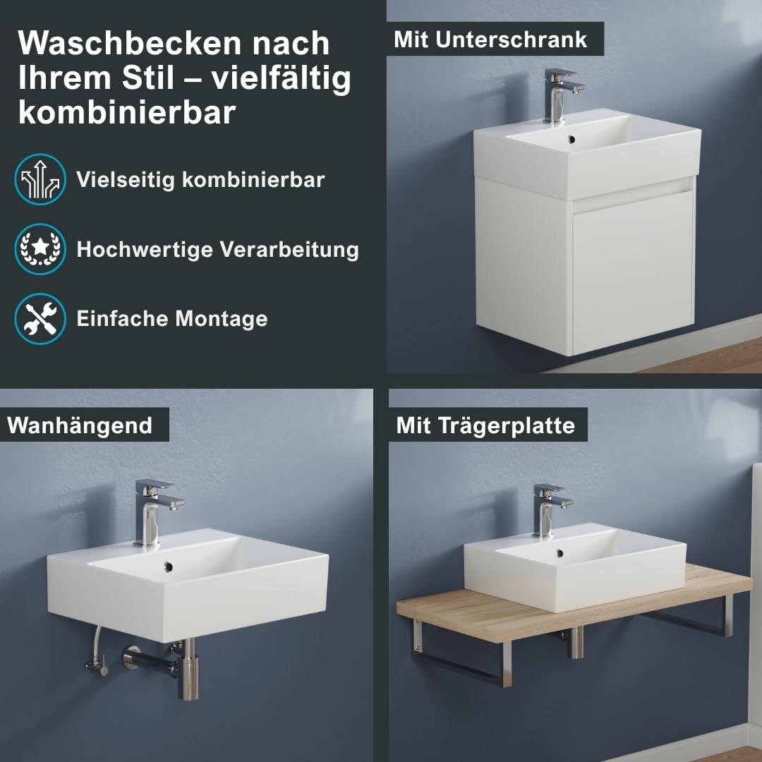 Aqua Bagno Handwaschbecken 50 cm Keramik Weiss, Hängewaschbecken rechteckig für Wandmontage, Aufsatz
