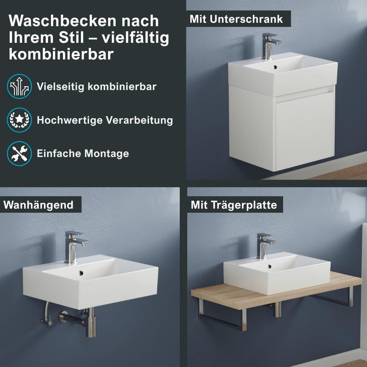 Aqua Bagno Handwaschbecken 50 cm Keramik Weiss, Hängewaschbecken rechteckig für Wandmontage, Aufsatz