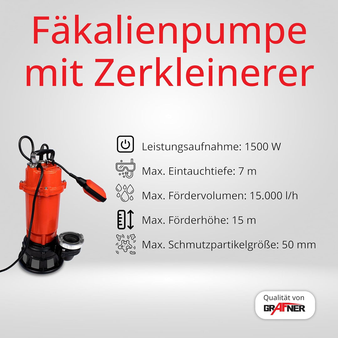 Grafner Profi Fäkalienpumpe 1500 Watt mit Schneidwerk und 30m Schlauch, Schwimmschalter, 15000 l/h,