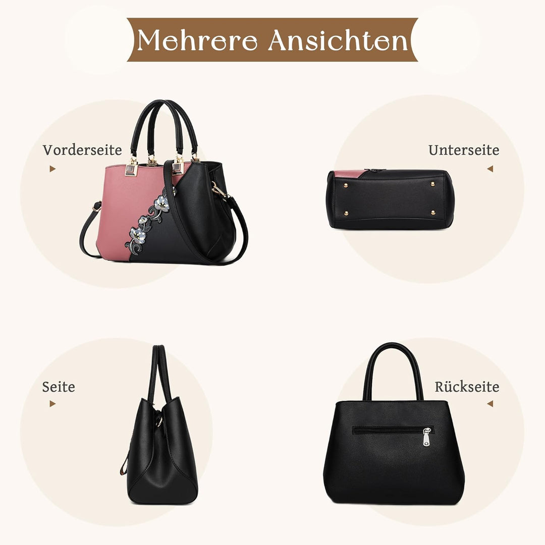 VARLIVOO Damen Handtasche Schultertasche Blumenmuster Frauen Umhängetasche Pom Pom Dekoration Shoppe