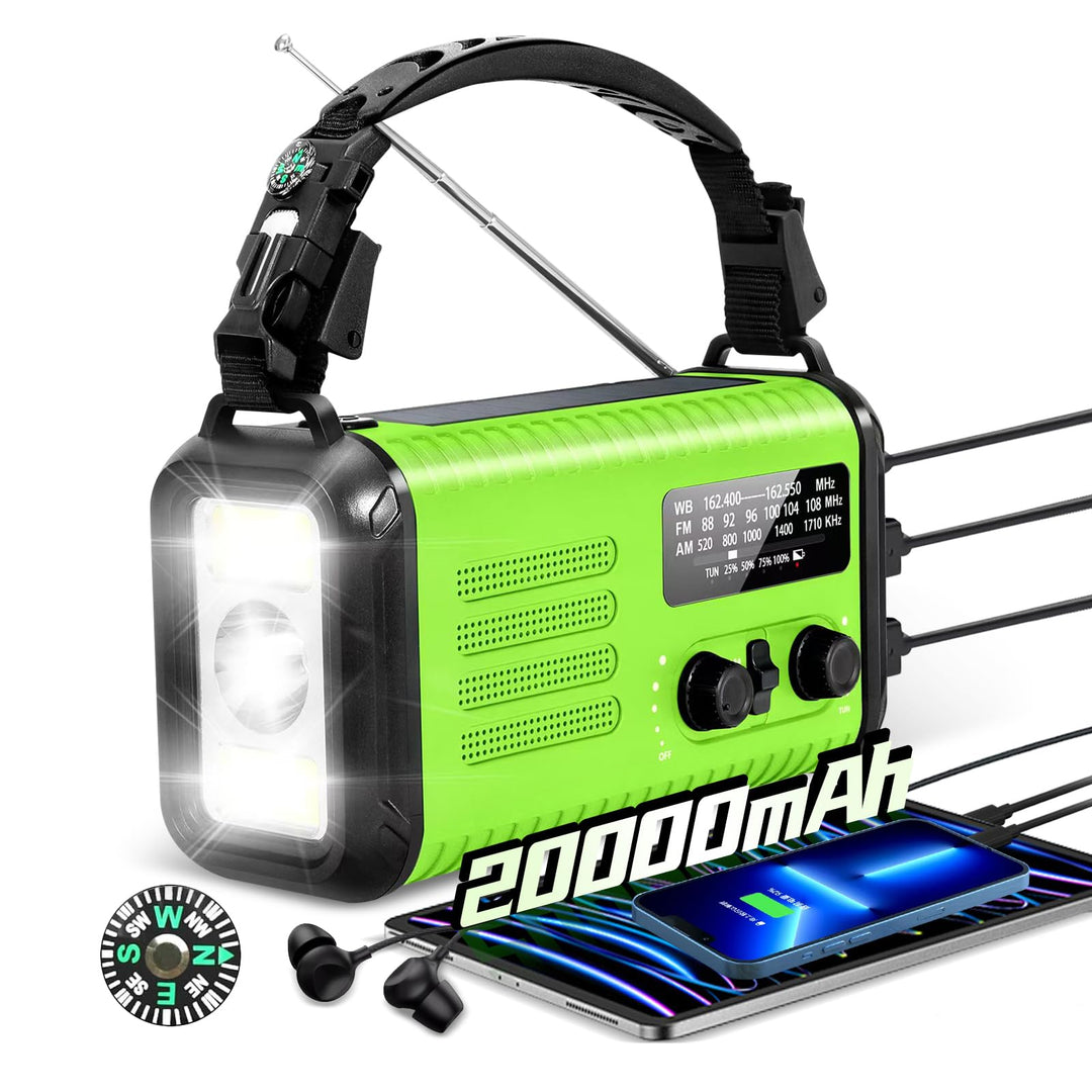 Kurbelradio, Solar Notfallradio mit 20000mAh Powerbank, AM/FM/WB Wetterradio, Taschenlampe & USB-C-L