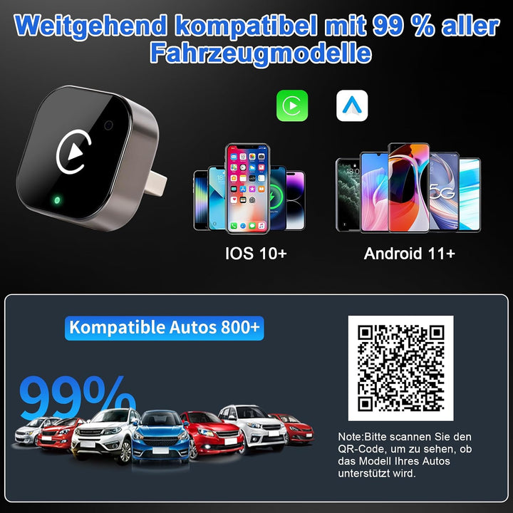 Wireless Carplay & Android Auto Adapter, Wired Auf Wireless für iOS 10+/Android 11+, Plug & Play, ve