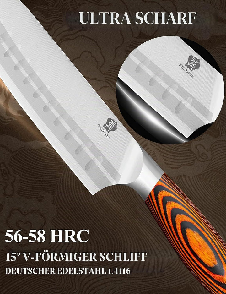 WILDMOK 18cm Santoku Messer Asiatischer Art, Santokumesser, Deutsch Edelstahl Küchenmesser mit ergon