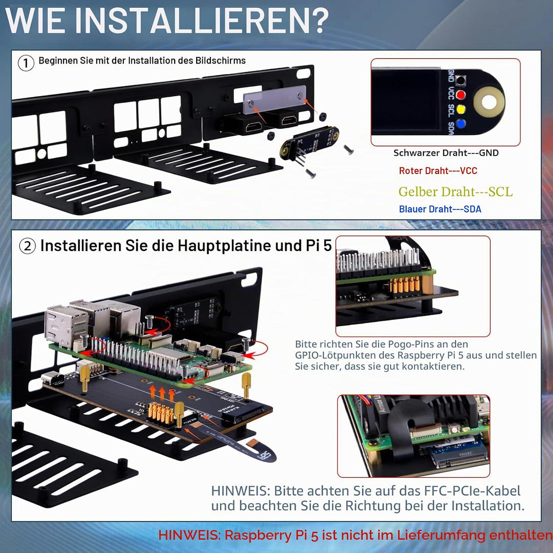 GeeekPi 19 Zoll 1U Rack-Halterung für Raspberry Pi 5, mit 4PCS PCIe auf M.2 NVMe SSD Adaptern, hält