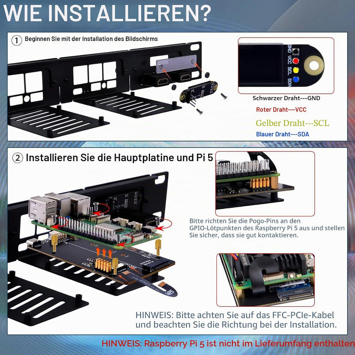 GeeekPi 19 Zoll 1U Rack-Halterung für Raspberry Pi 5, mit 4PCS PCIe auf M.2 NVMe SSD Adaptern, hält