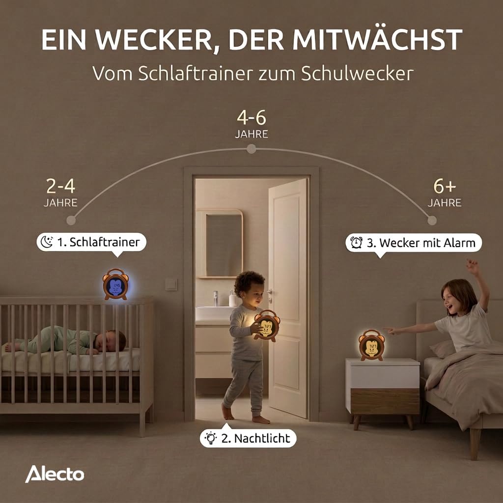 Alecto BC-100 Monkey Wecker Kinder - Kinderwecker USB Aufladbar - Kinder Wecker mit Nachtlicht - Sch