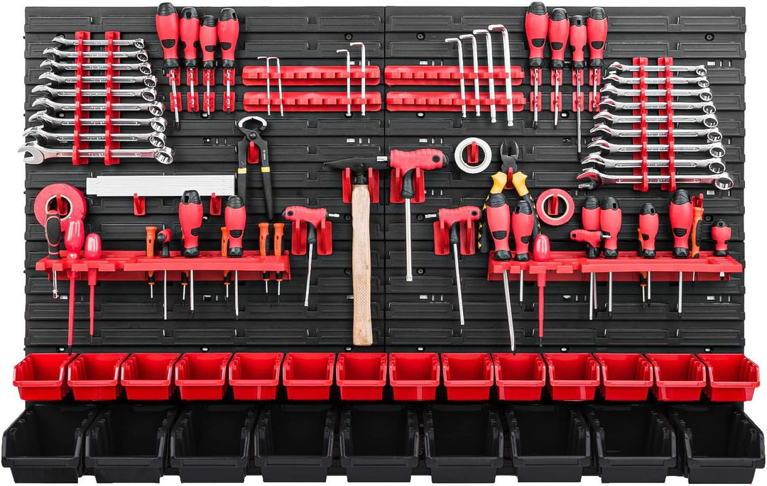PAFEN Werkzeugwand Stapelboxen - 1152 x 780 mm - Lagersystem SET Werkzeughaltern und 23 Rot/Schwarz