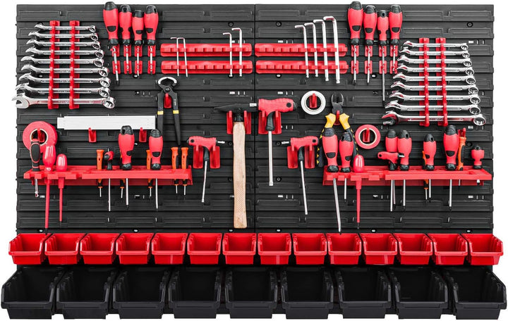 PAFEN Werkzeugwand Stapelboxen - 1152 x 780 mm - Lagersystem SET Werkzeughaltern und 23 Rot/Schwarz