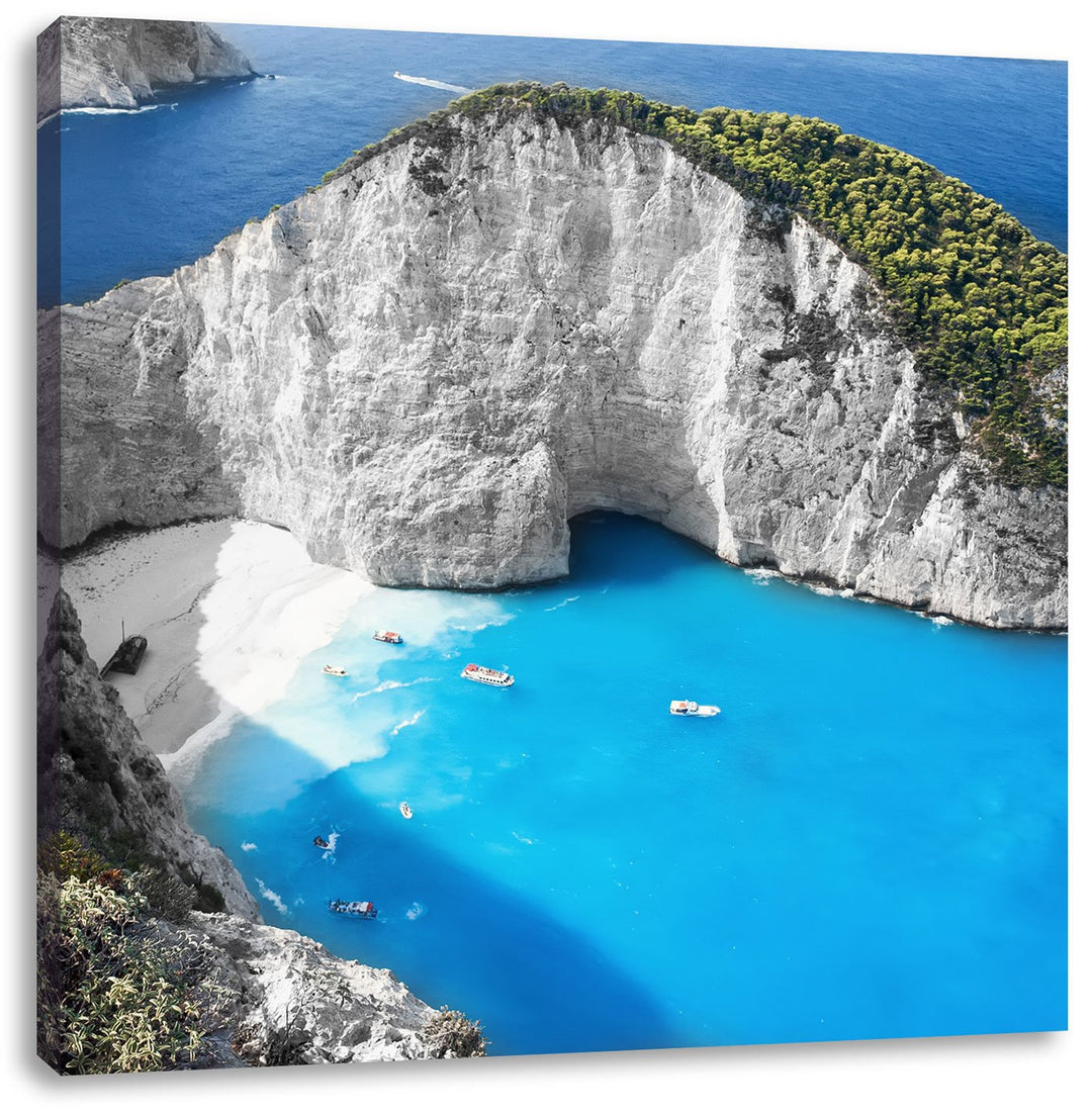 Pixxprint Steile Bucht im Mittelmeer schwarz/weiss, Format: 70x70 als Leinwandbild, 70x70