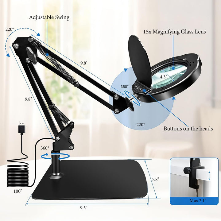 15X Magnifying Glass with Light and Clamp, LED Magnifying Lamp with Base, 5 Color Modes & 10 Brightn