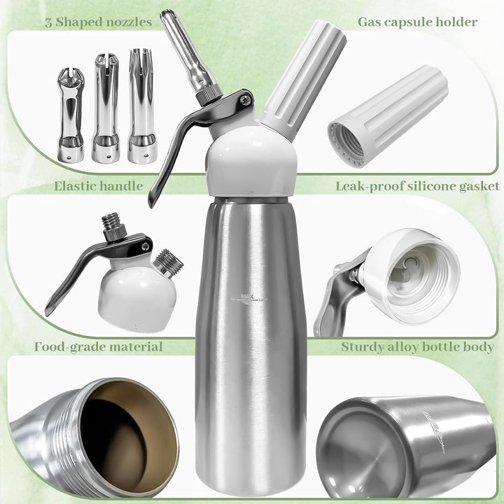 Sahnespender, Sahnesyphon, Sahnespender Edelstahl 500ml, Espuma Flasche, für Sahne, Schlagsahne, Mou