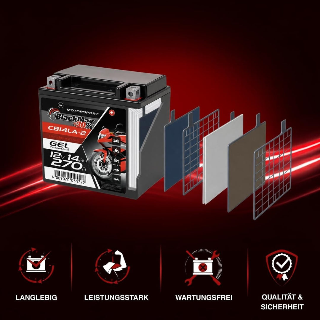 BlackMax YB14L-A2 GEL Motorradbatterie 12V 14Ah Batterie 51411 12N14-3A FB14L-A2 14Ah - 230A - YB14L