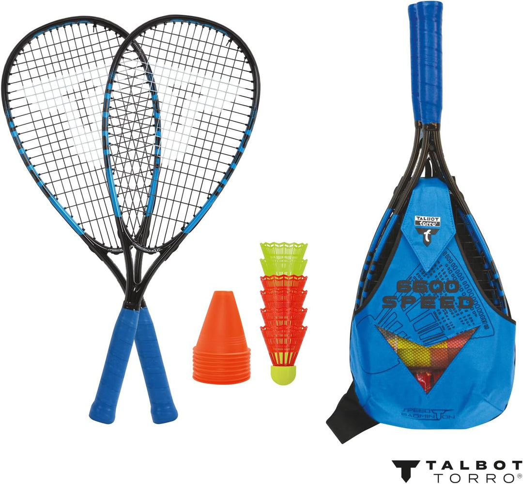 Talbot Torro Speed-Badminton Set Speed 6600, 2 kraftvolle Alu-Rackets 58,5cm, 6 oder 5 windstabile F