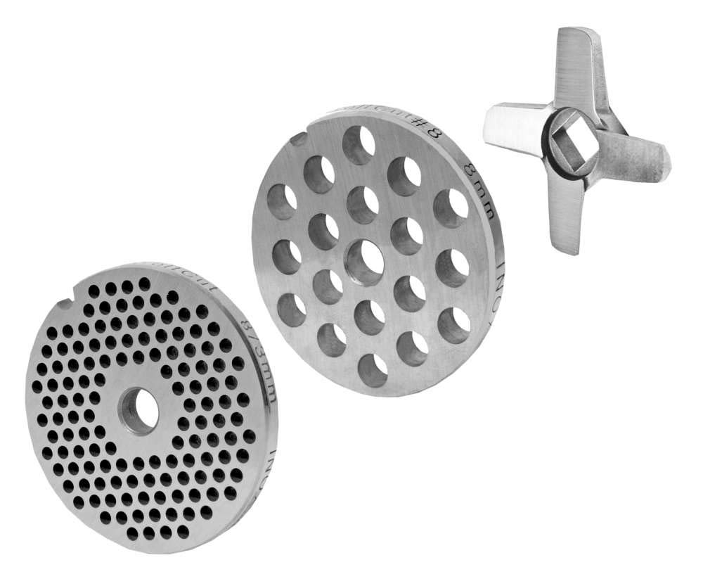 Wolfcut Lochscheibensatz mit 3,0mm + 8,0mm Bohrungen und 1 Kreuzmesser - kompatibel mit Fleischwolf