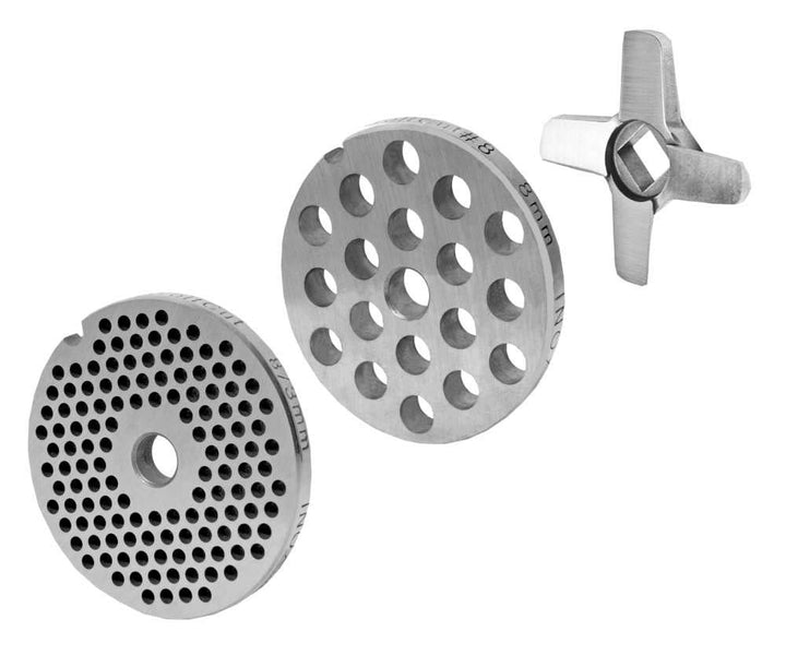 Wolfcut Lochscheibensatz mit 3,0mm + 8,0mm Bohrungen und 1 Kreuzmesser - kompatibel mit Fleischwolf
