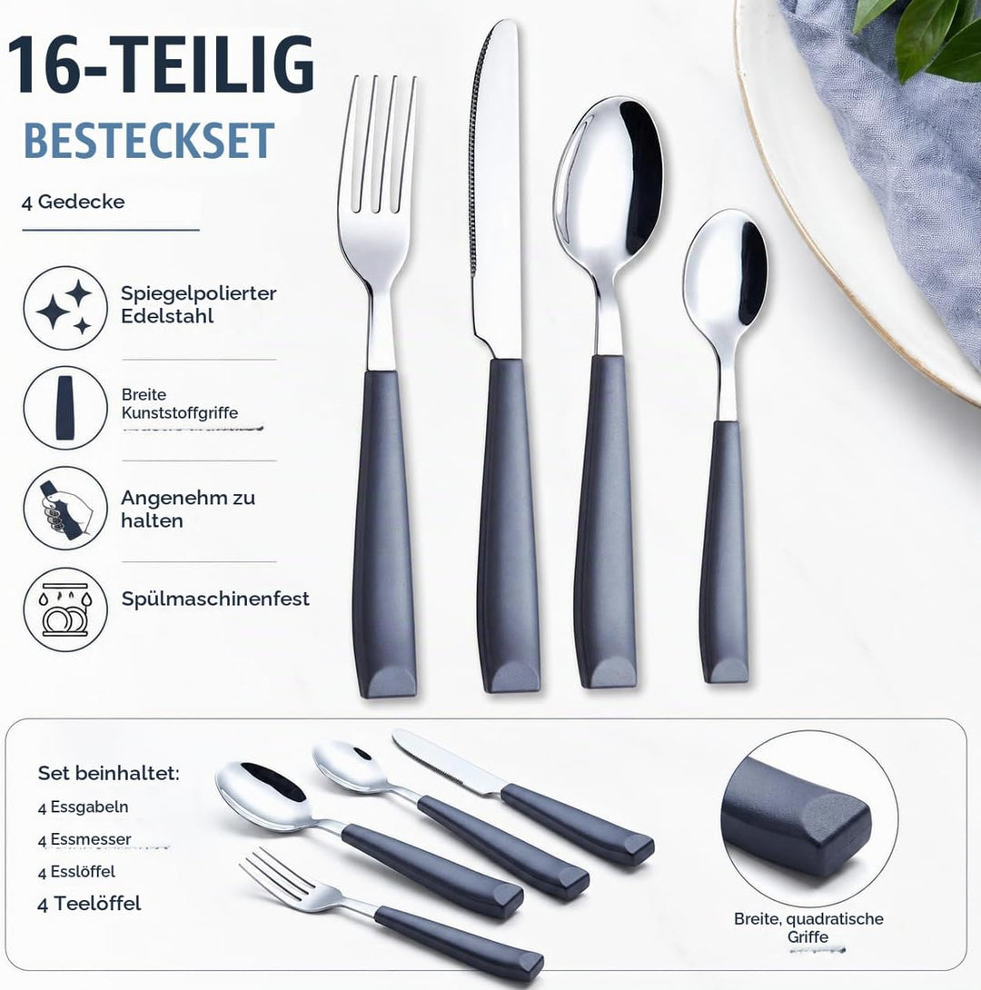 EXZACT 16 PCS Besteck Set/Edelstahl-Besteck - Edelstahl mit Kunststoff-Handgriffen - Bequem zu halte