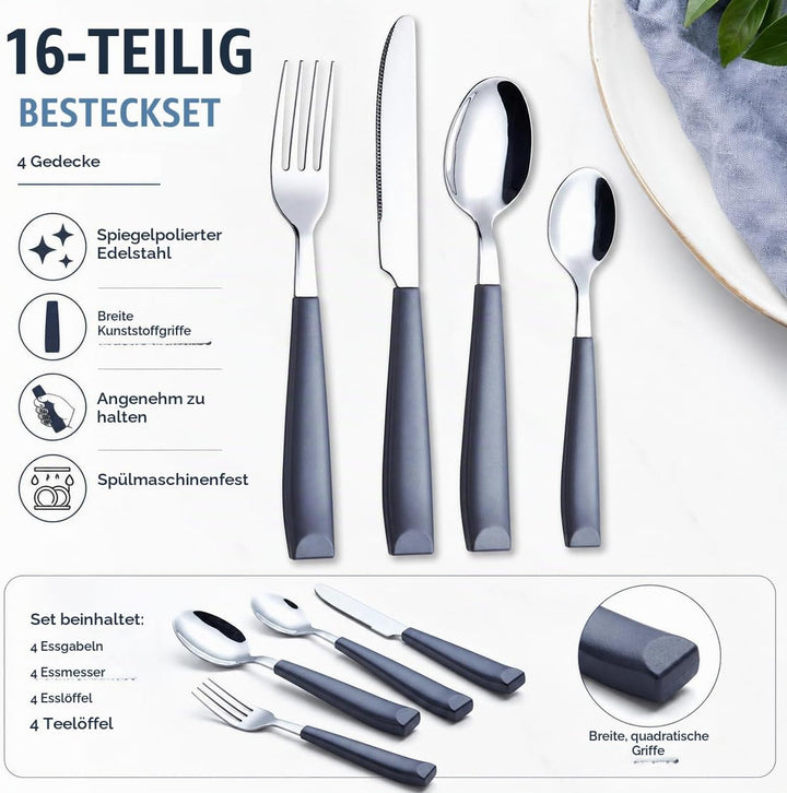 EXZACT 16 PCS Besteck Set/Edelstahl-Besteck - Edelstahl mit Kunststoff-Handgriffen - Bequem zu halte