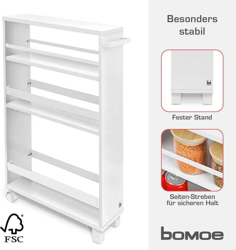 bomoe Nischenregal 15cm breit – Küchenwagen Küchenregal Schmal – Rollwagen Schmal 3 Fächer & Arbeits