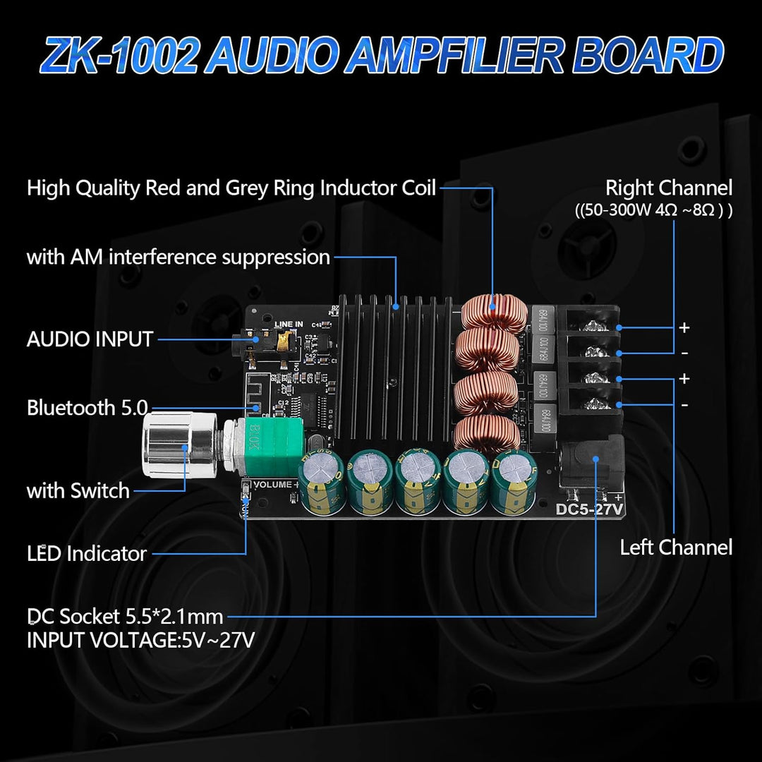 HiFi-Verstärker mit Bluetooth 5.0-Audioverstärkungskarte, ZK-1002 2.0-Kanal 100W x 2 Mini-Stereo-Lei