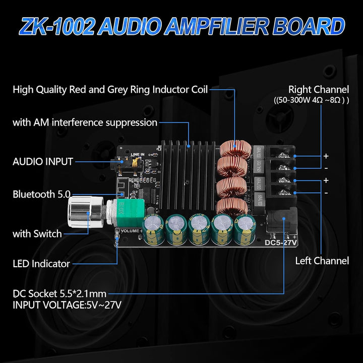 HiFi-Verstärker mit Bluetooth 5.0-Audioverstärkungskarte, ZK-1002 2.0-Kanal 100W x 2 Mini-Stereo-Lei